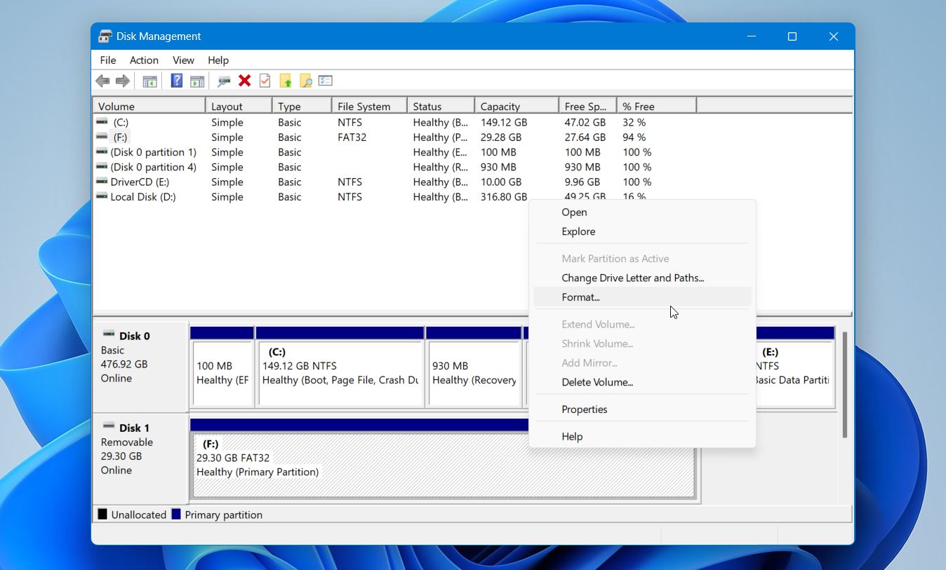Disk Management select the drive
