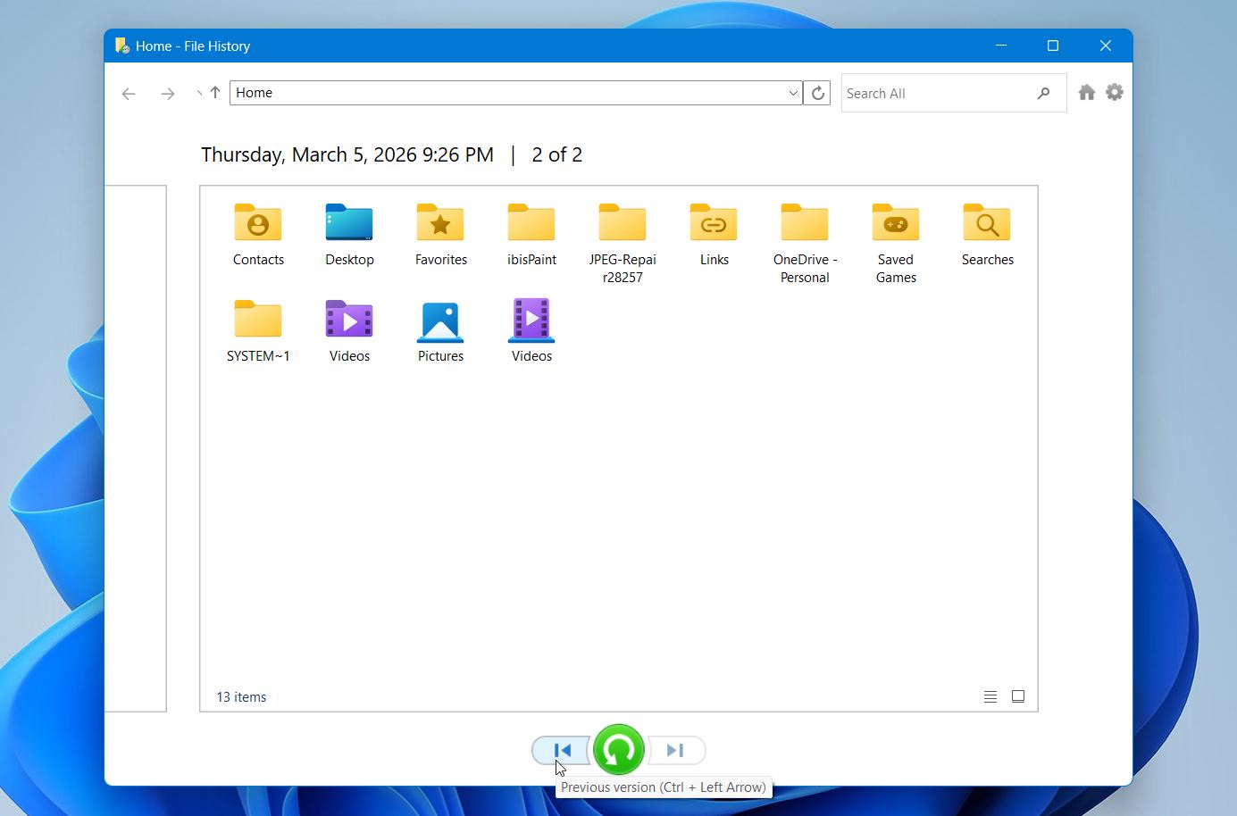 File History backup versions
