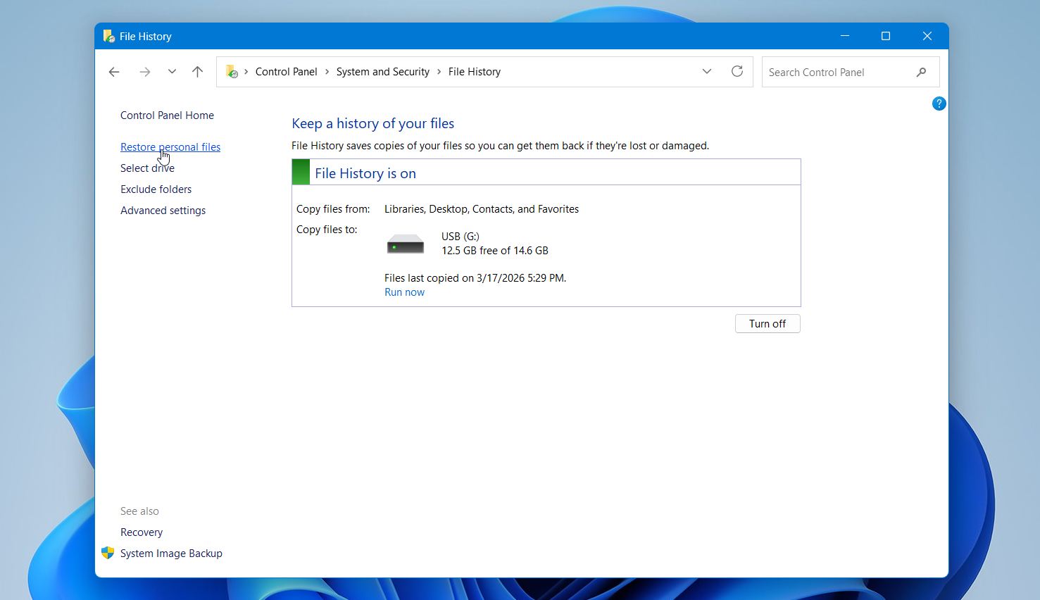 File History restore personal files