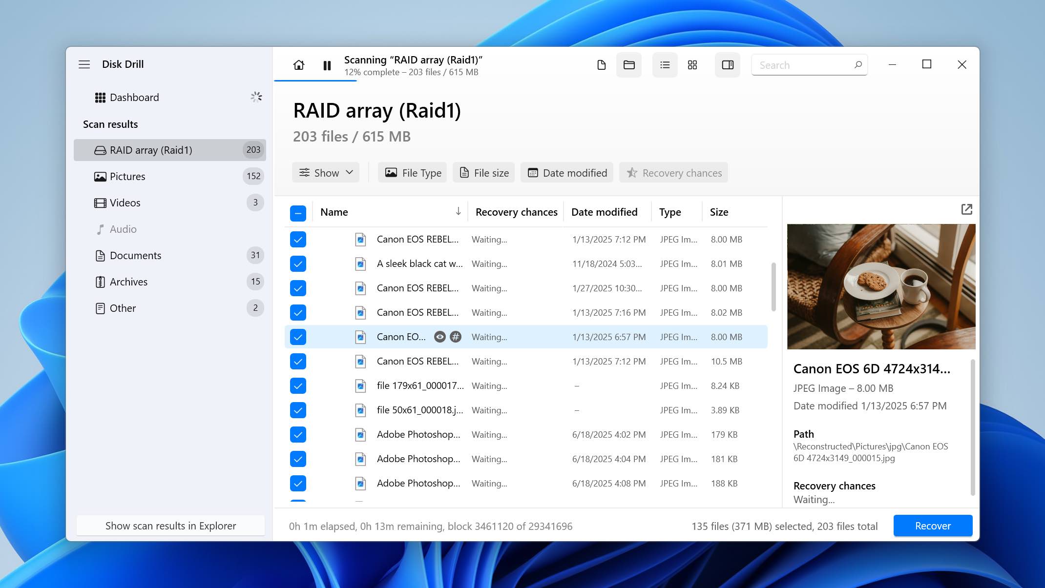 preview and select files for recovery