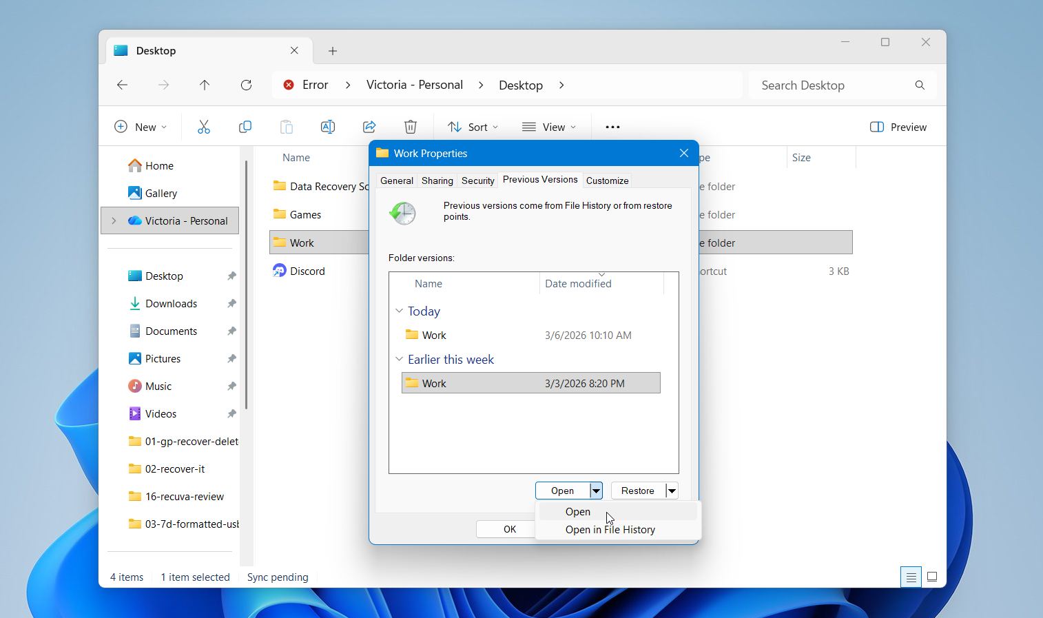 Previous versions open backup