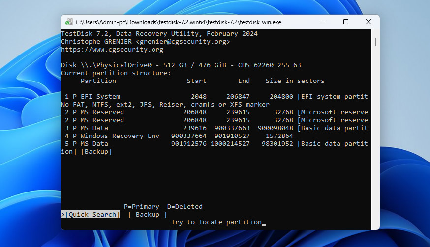 use quick search in testdisk