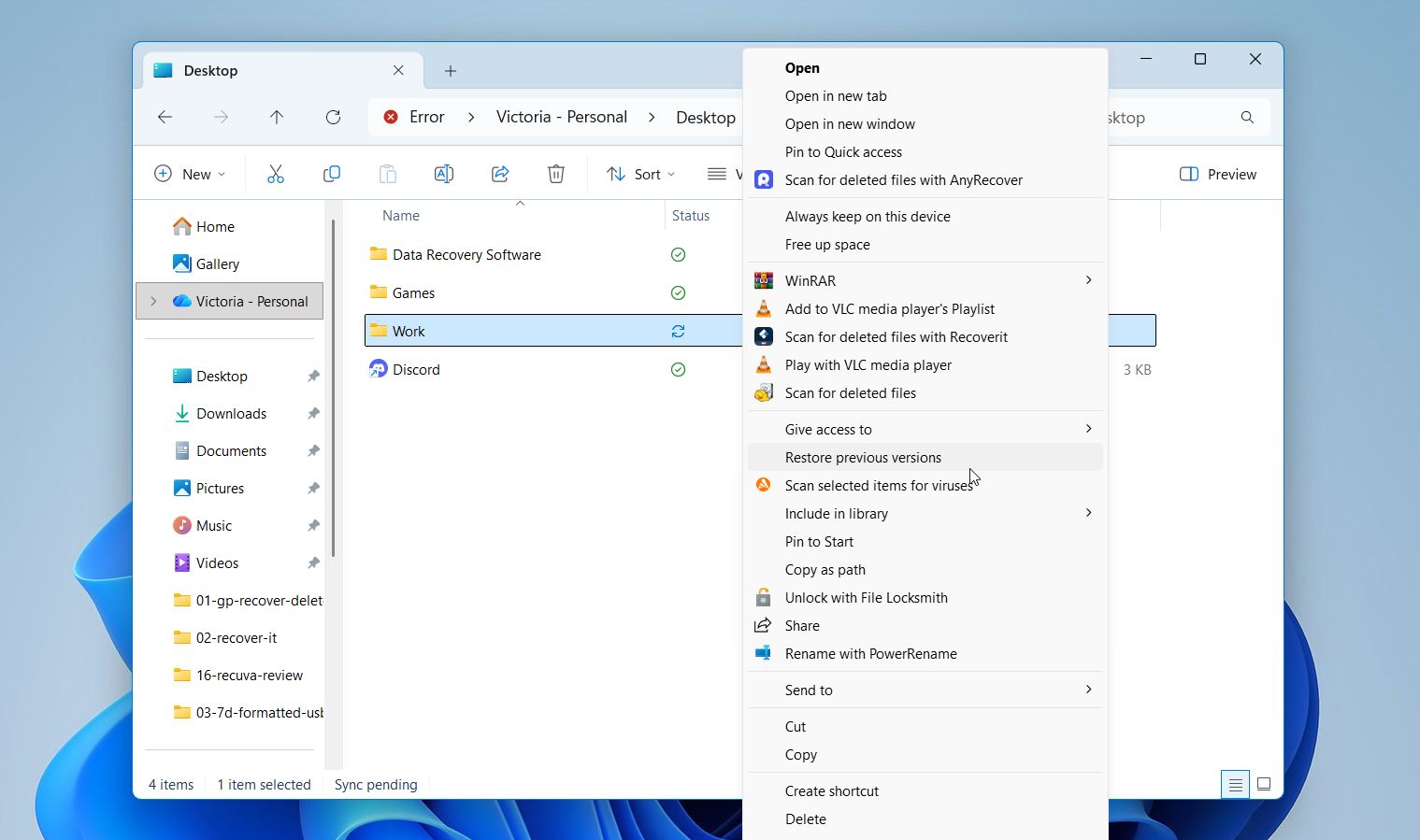 Open Restore previous versions