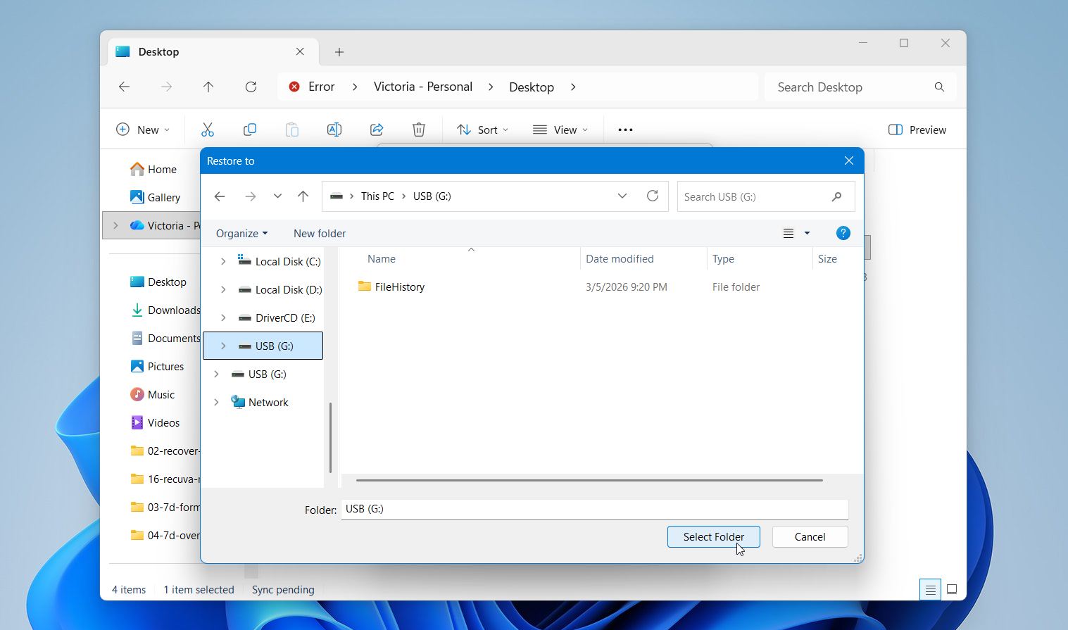 Restore previous versions select destination