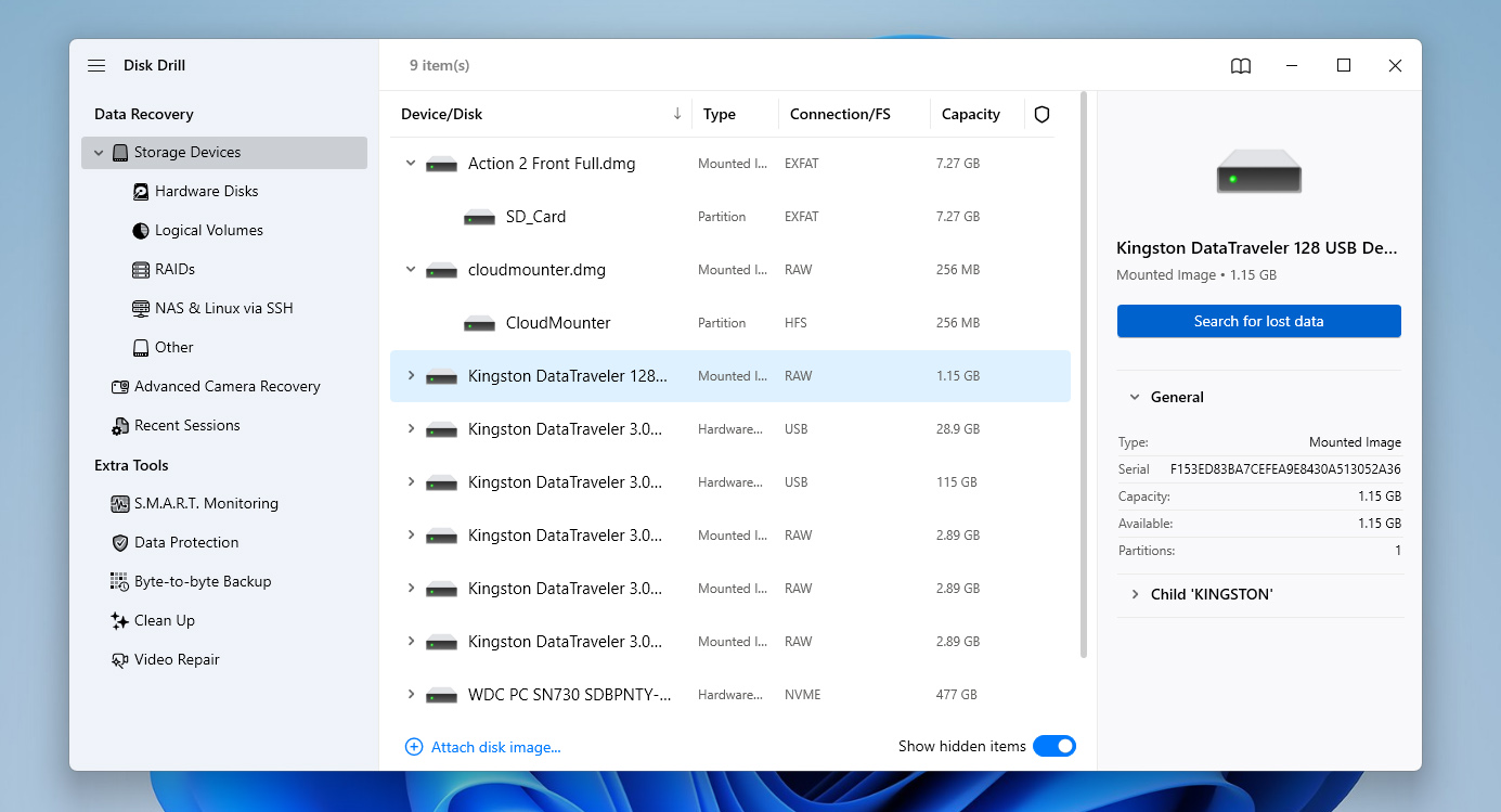 search for lost data from drive