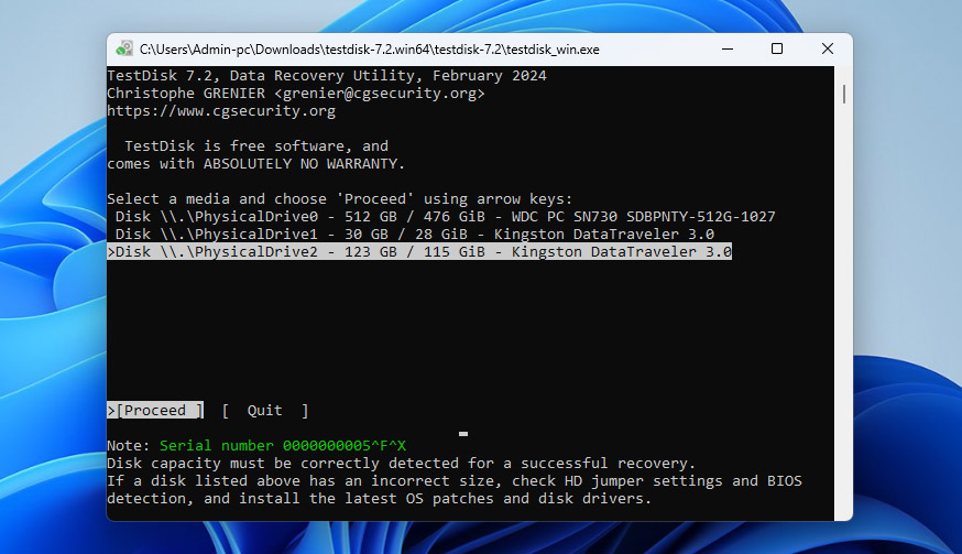 select drive in testdisk