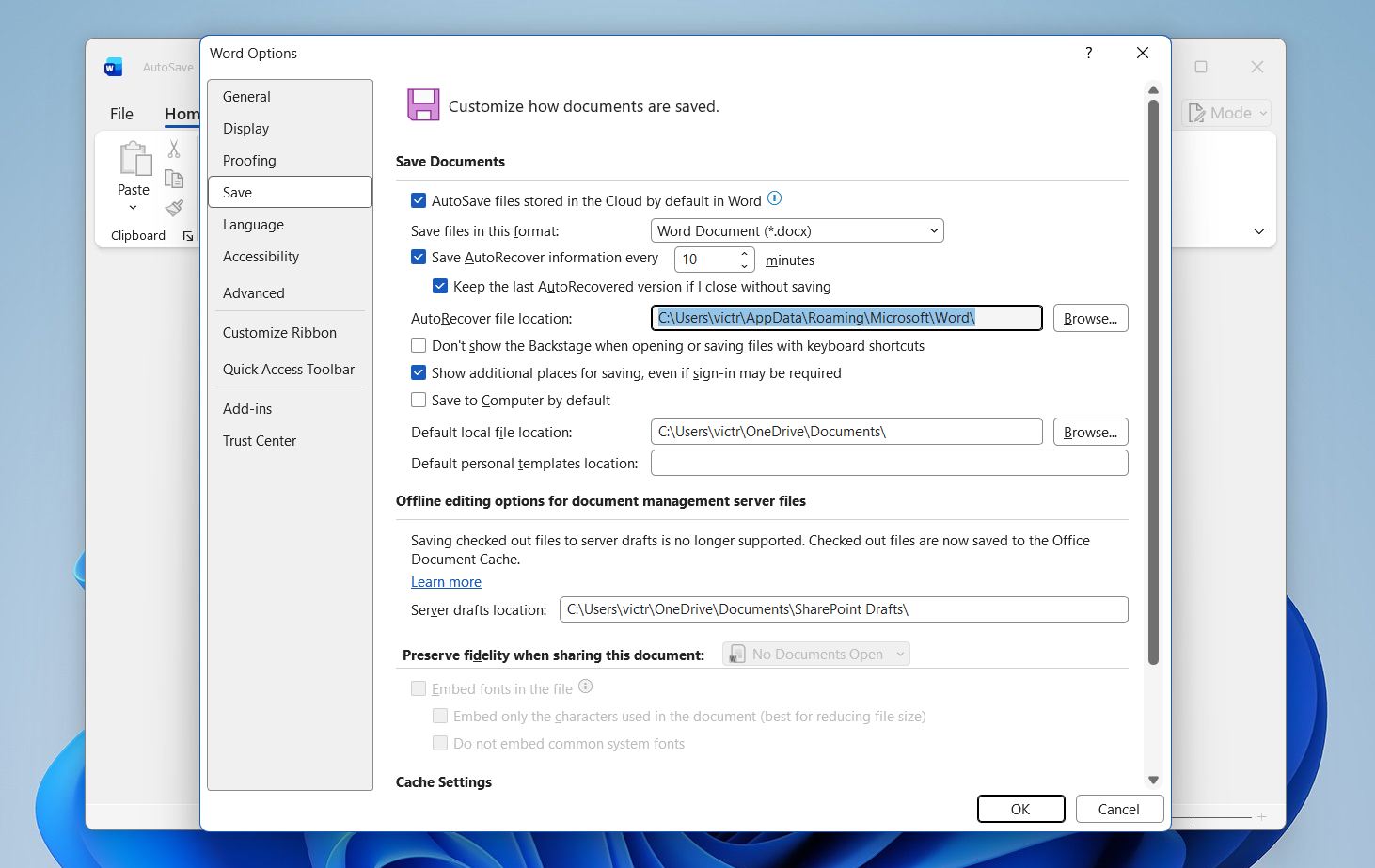 Word lookup AutoRecover file location