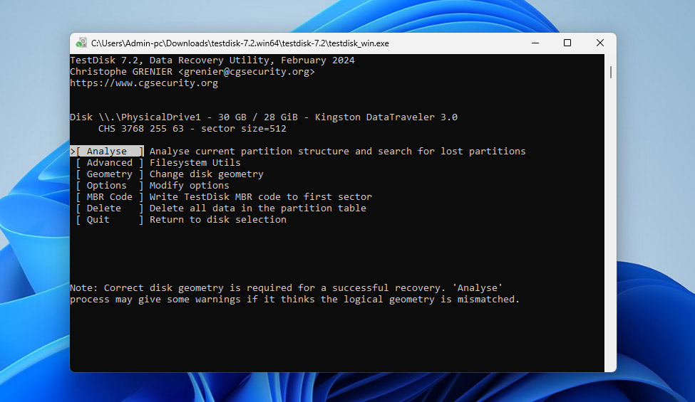 analyse drive in testdisk