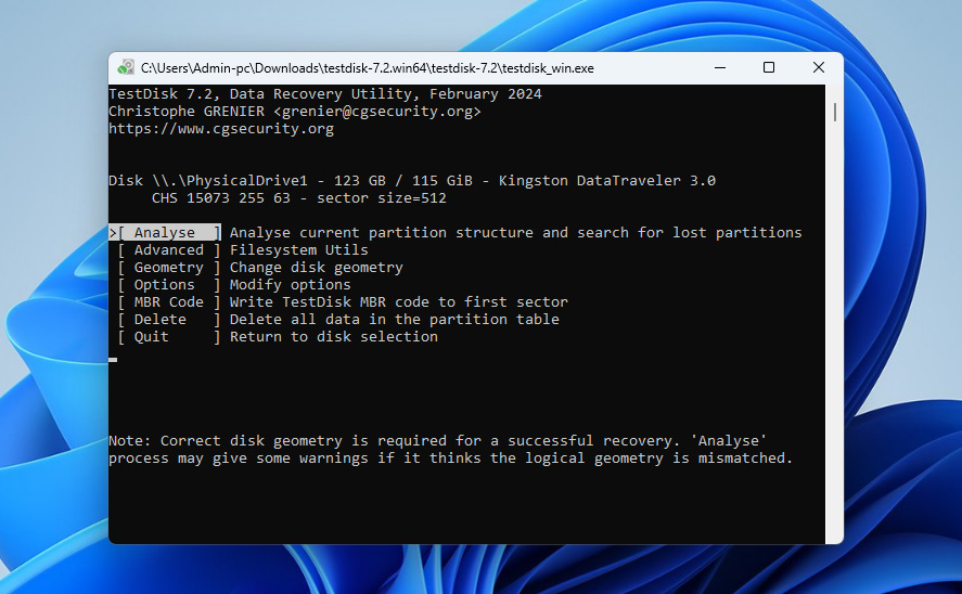 analyse sd card in testdisk