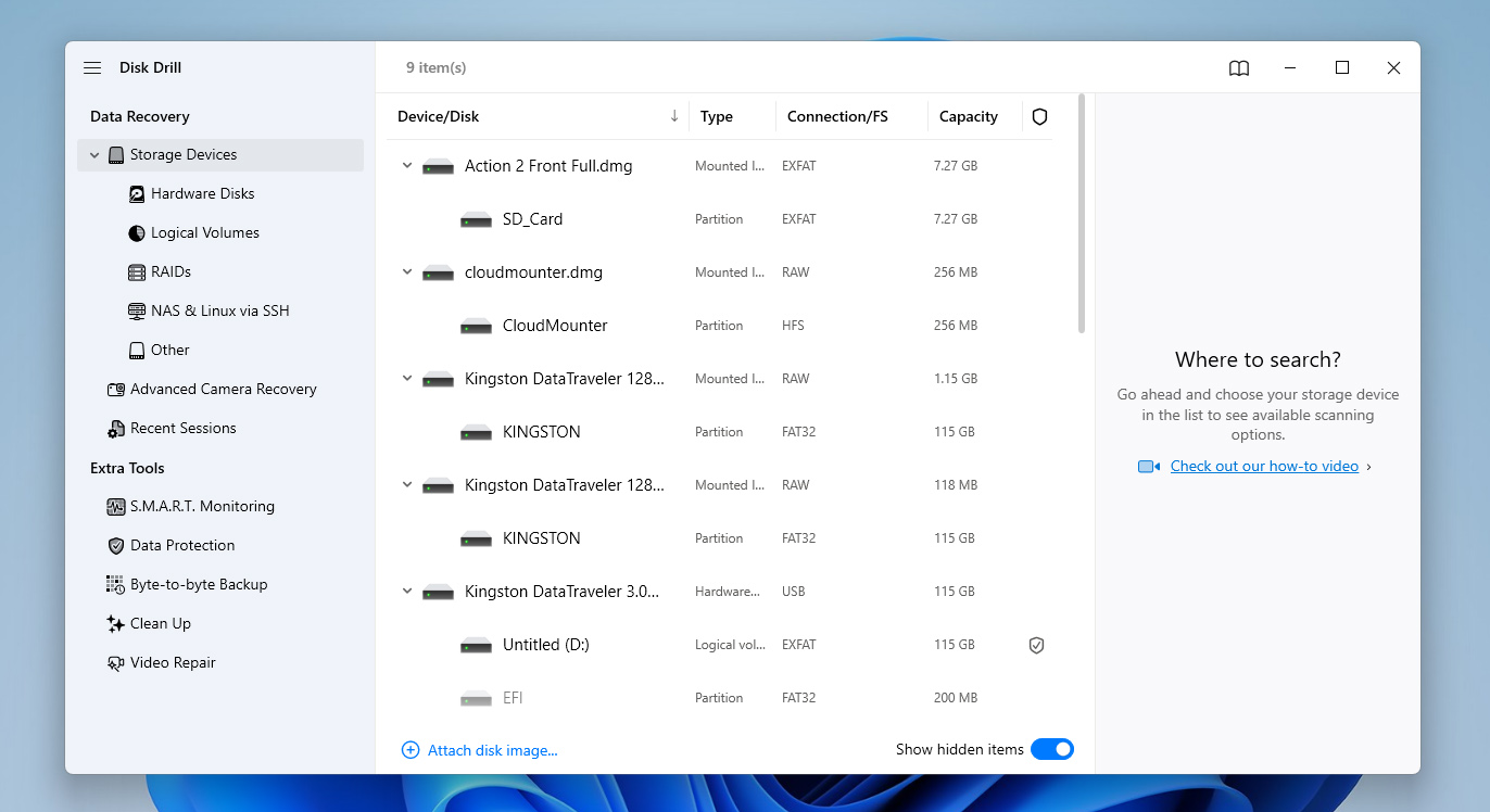 attach disk image in disk drill