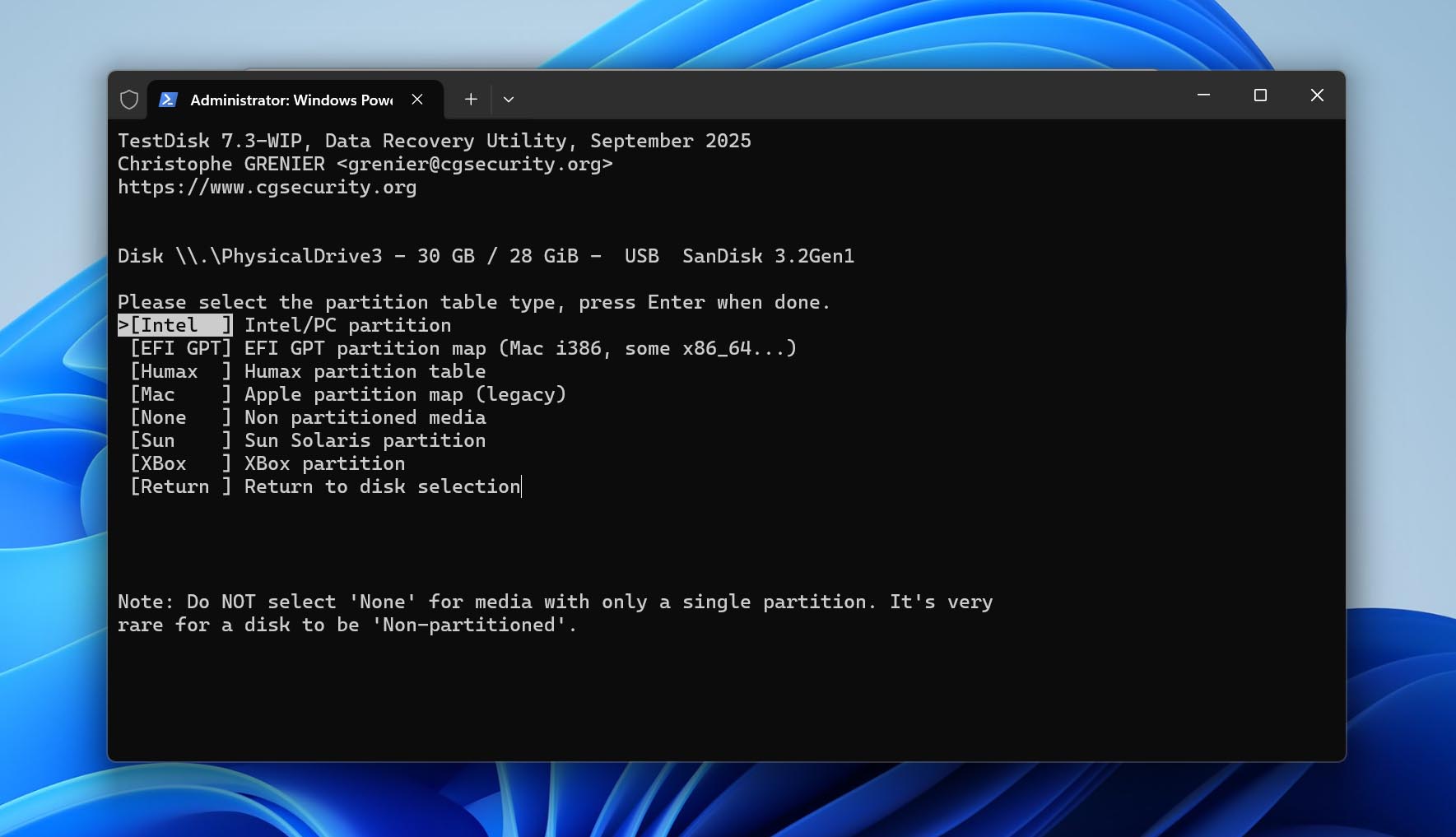 choose partition table type