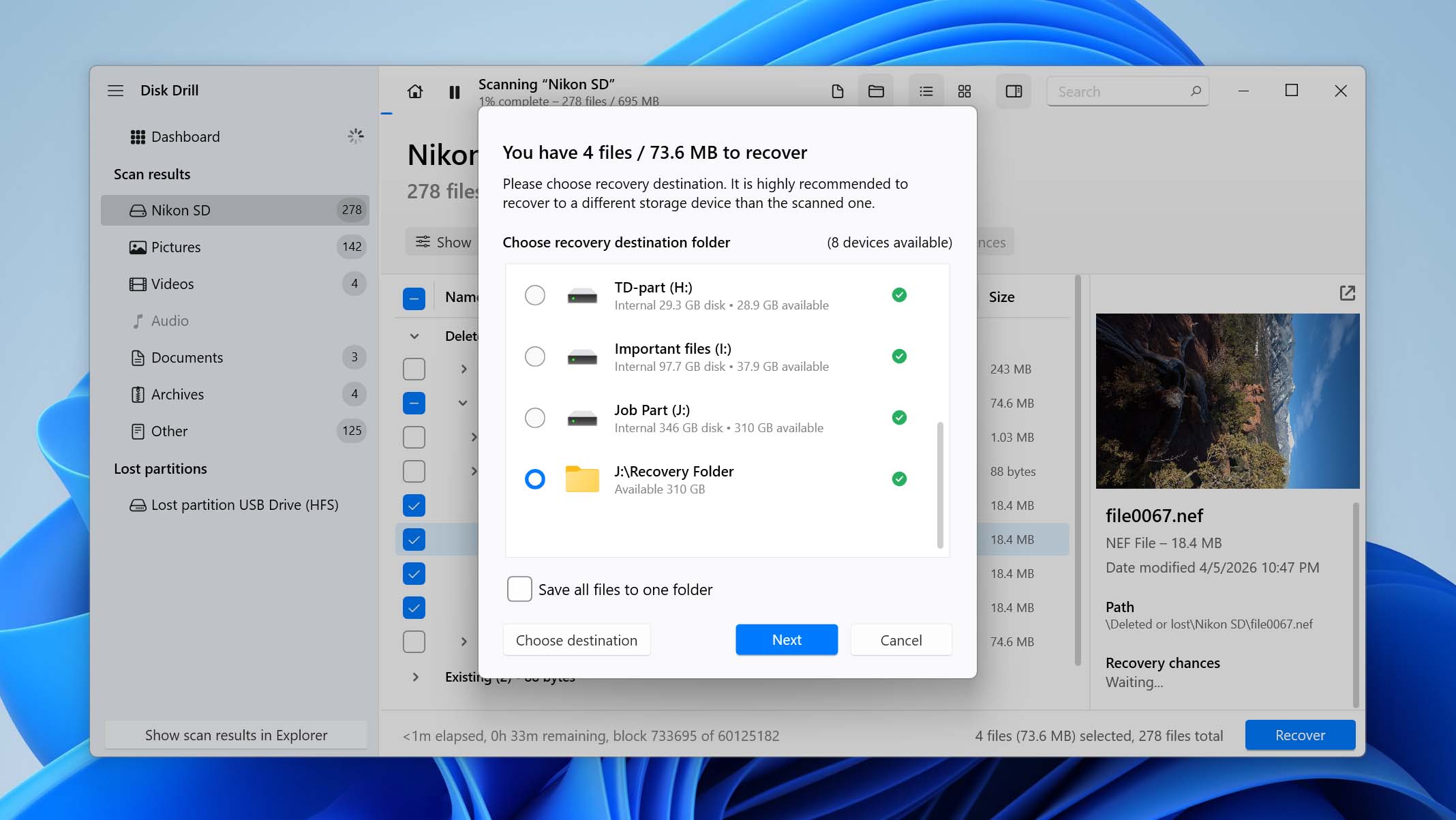 choose recovery folder for nef files