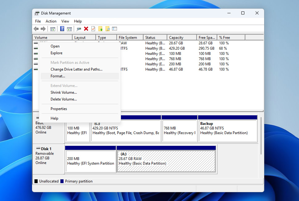 click format in disk management