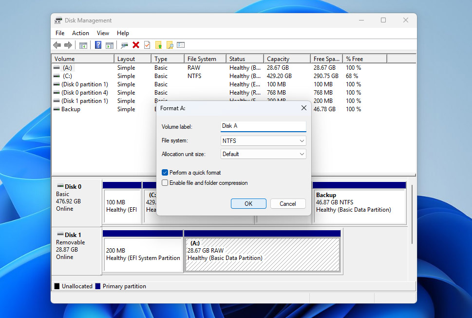 convert raw to ntfs in disk management