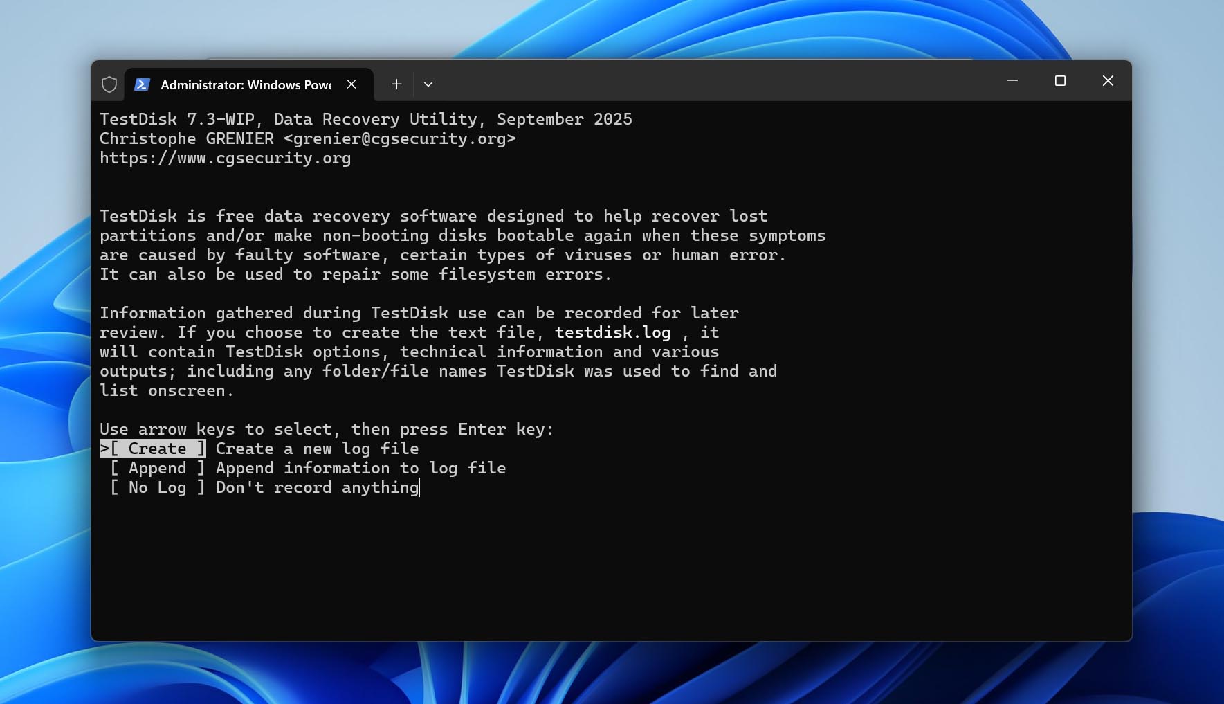 create log file testdisk
