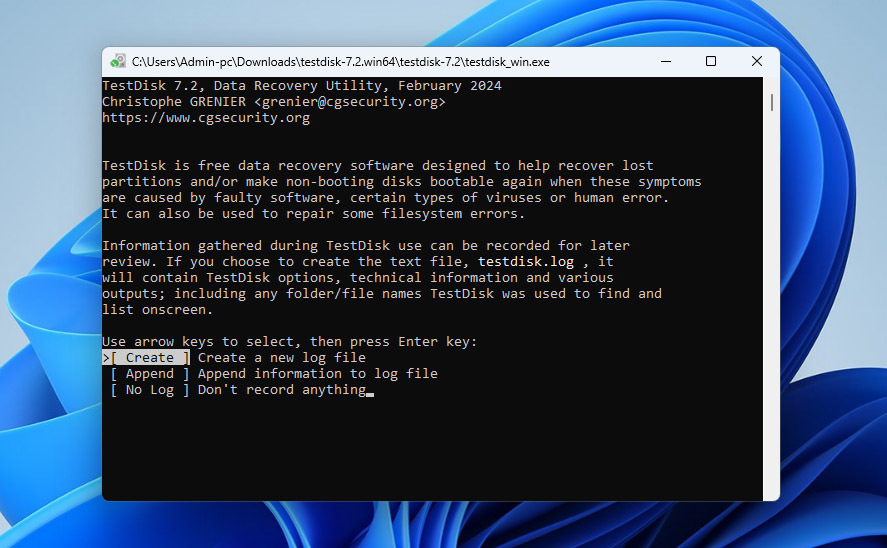 create log file testdisk