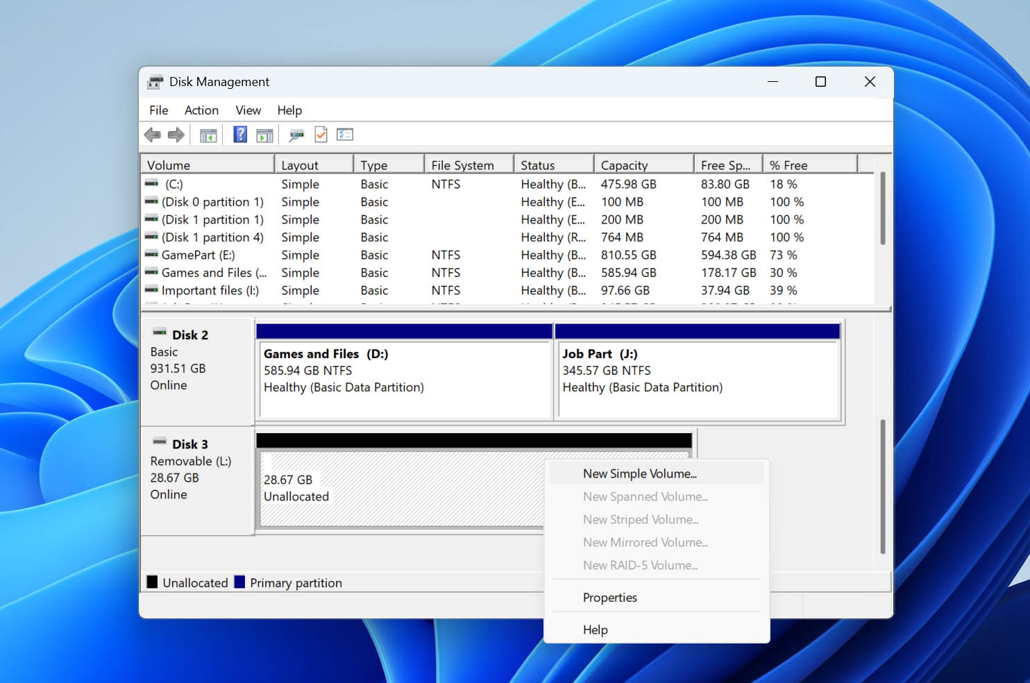 click on new simple volume option