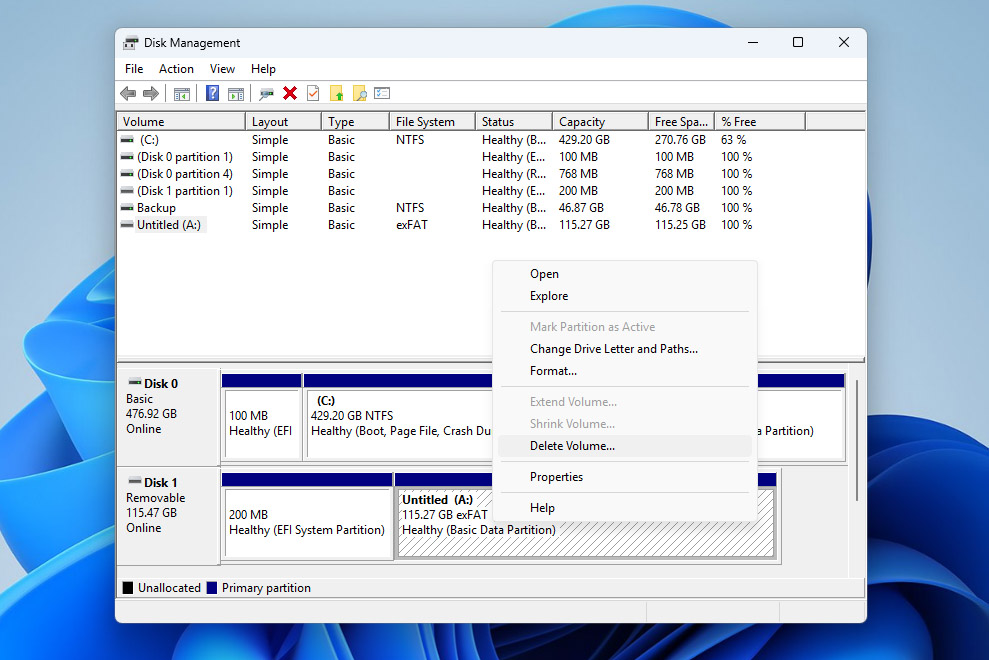 delete volume on sd card