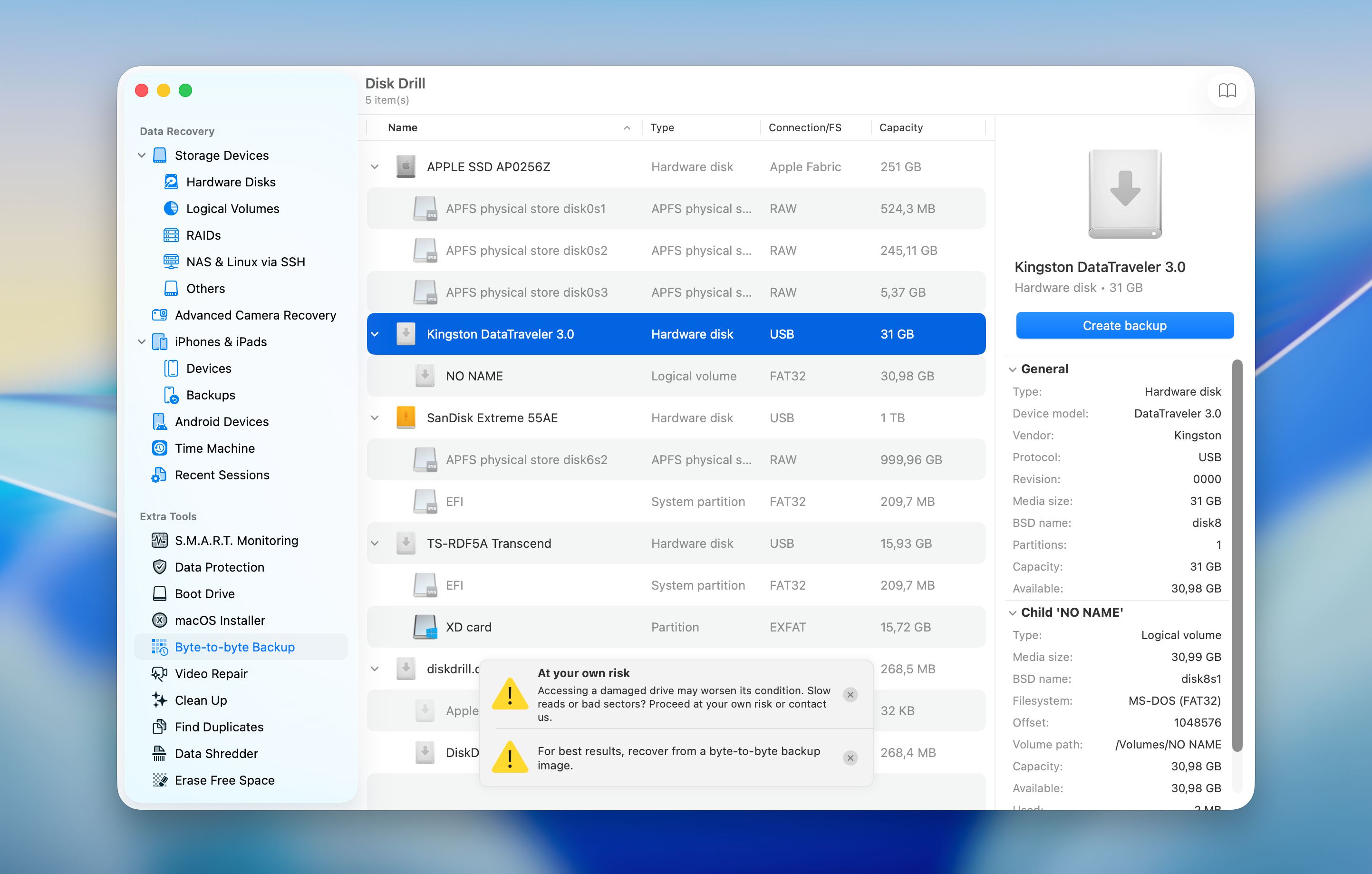 Disk Drill click Create backup