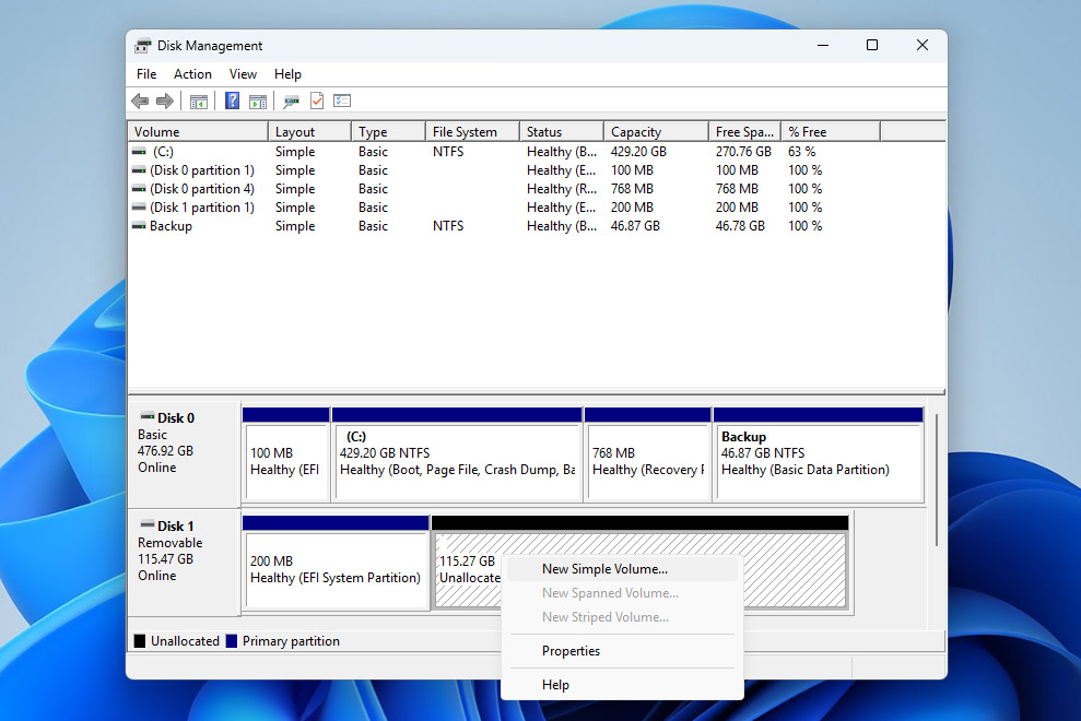 create new simple volume