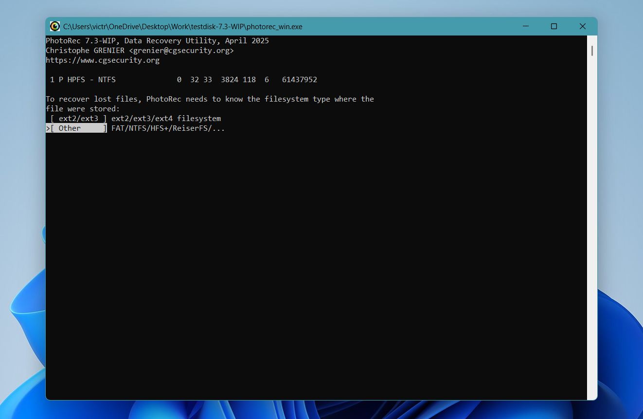 PhotoRec select file system