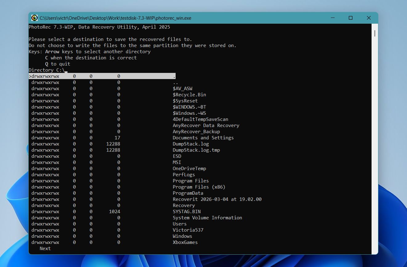 PhotoRec select where to save recovered files