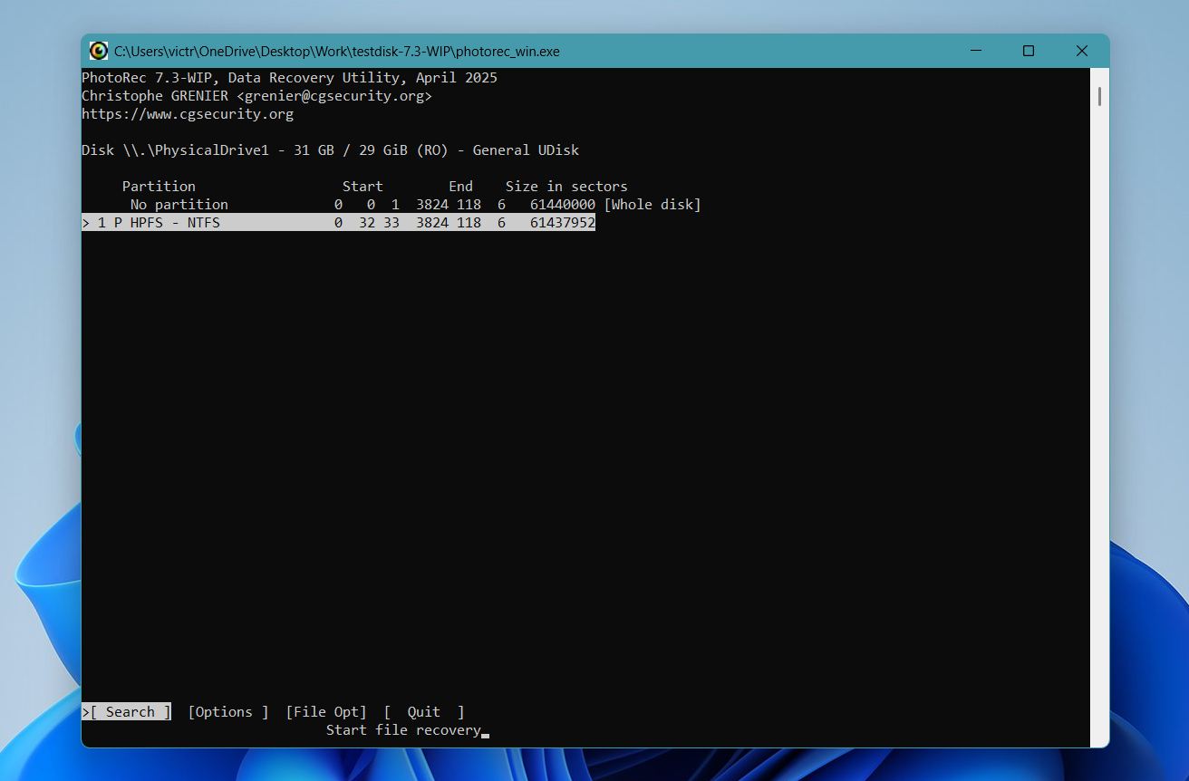 PhotoRec choose partition