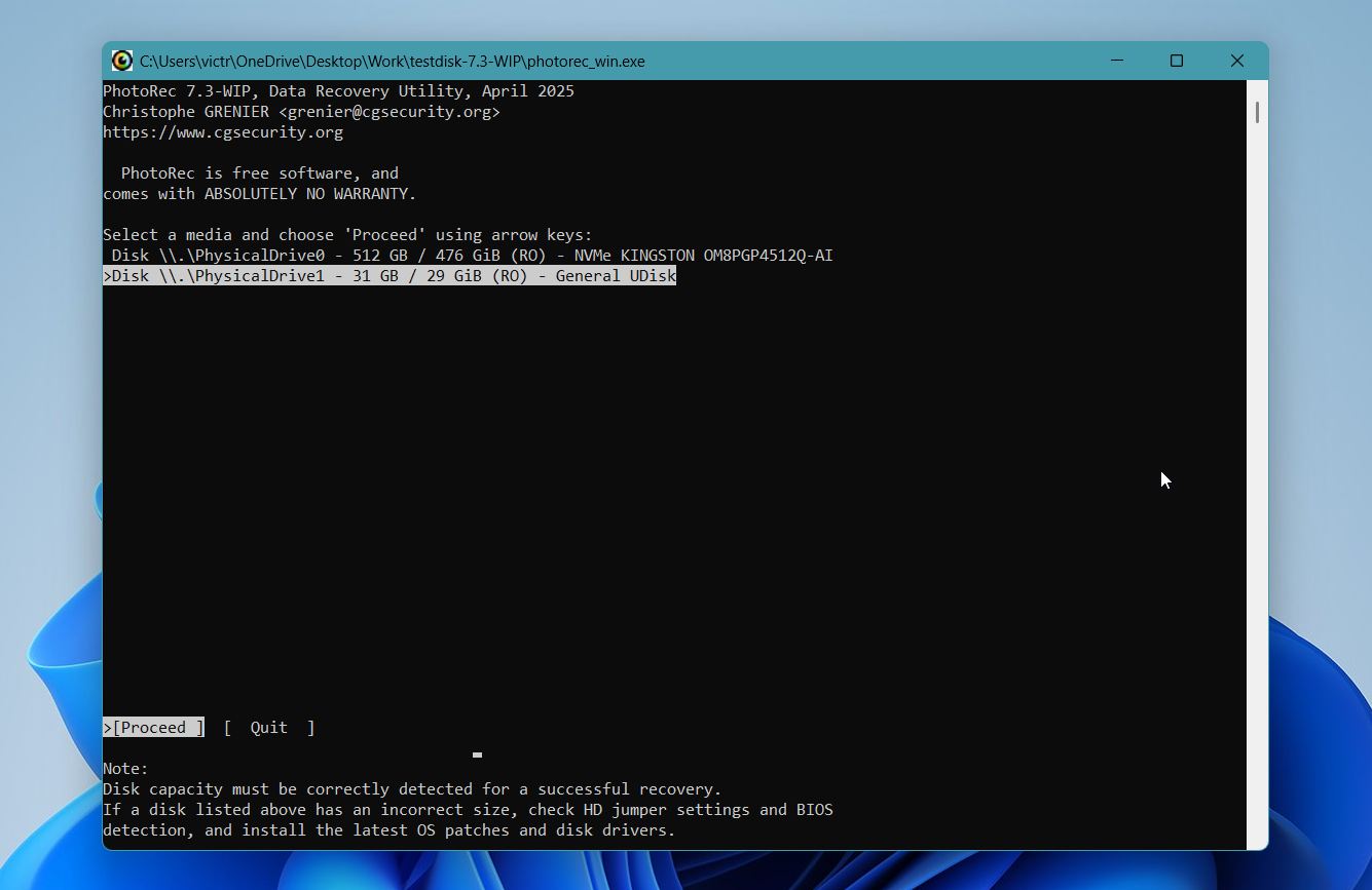 PhotoRec select your SD card from a list