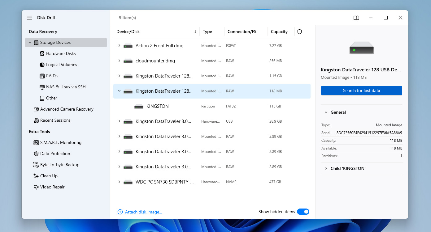 search for lost data on backup