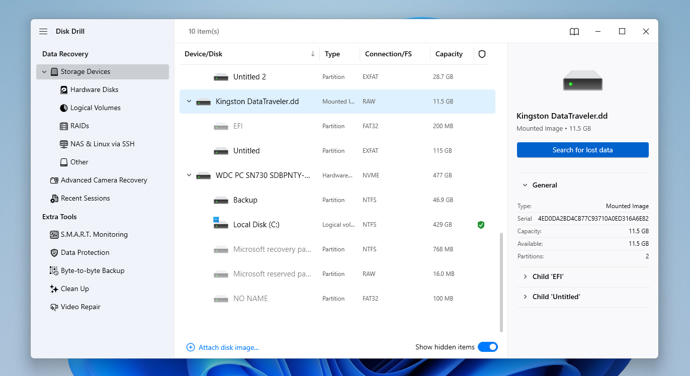 search for lost data on backup