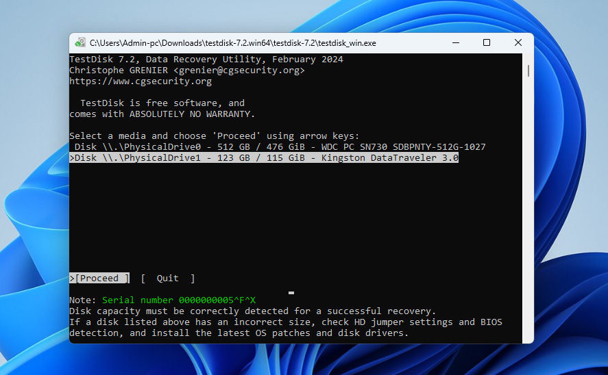 select sd card in testdisk