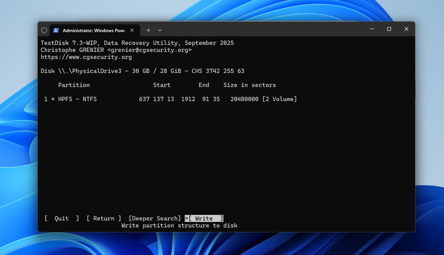 write partition on drive