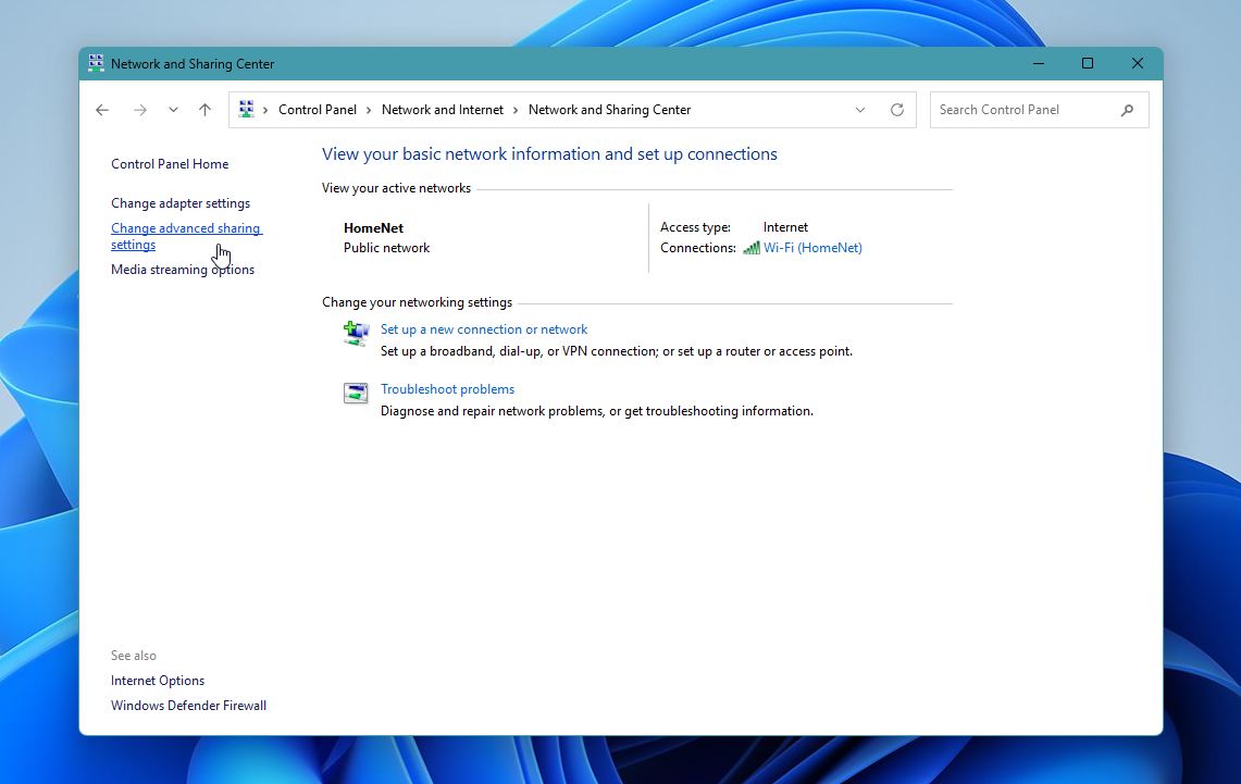 Changed advanced sharing settings