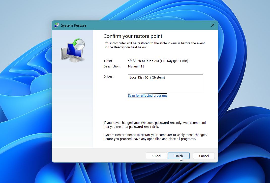Finish System Restore