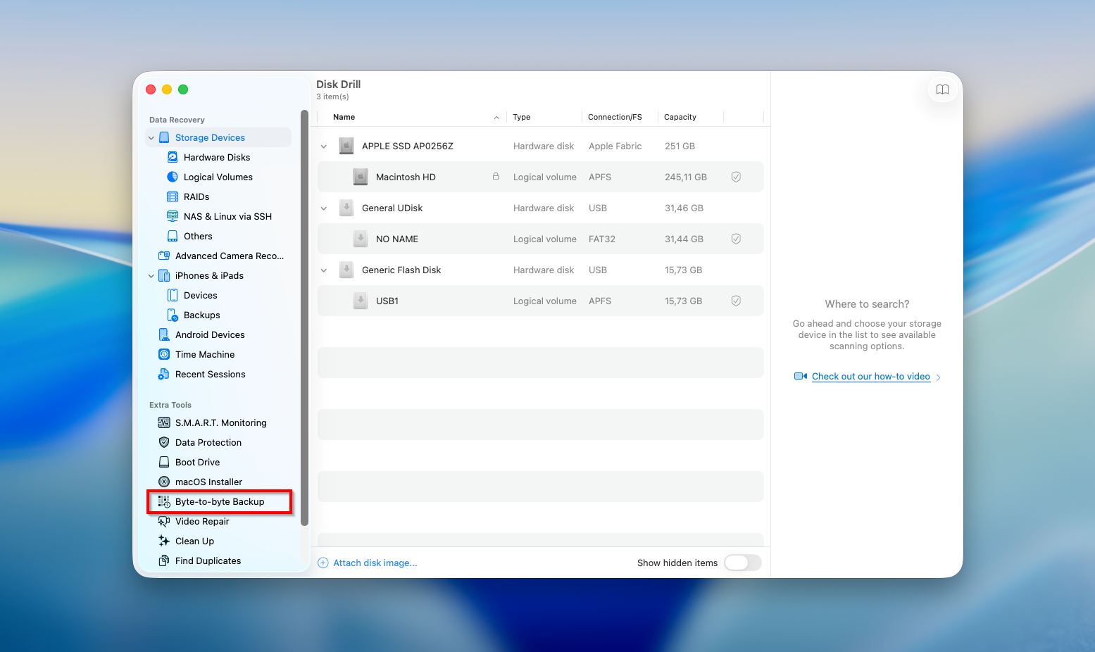 Disk Drill select backup option form a sidebar