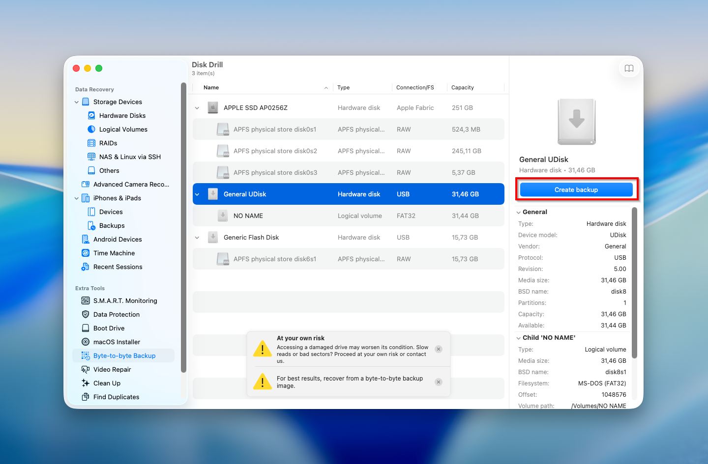 Disk Drill click create backup