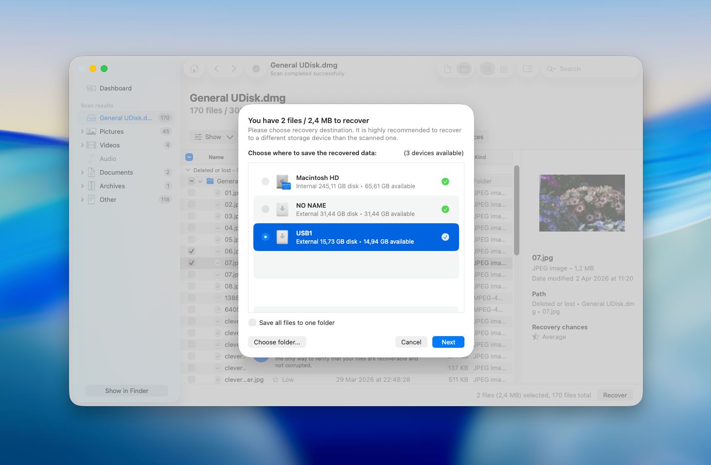 Disk Drill select where to save files