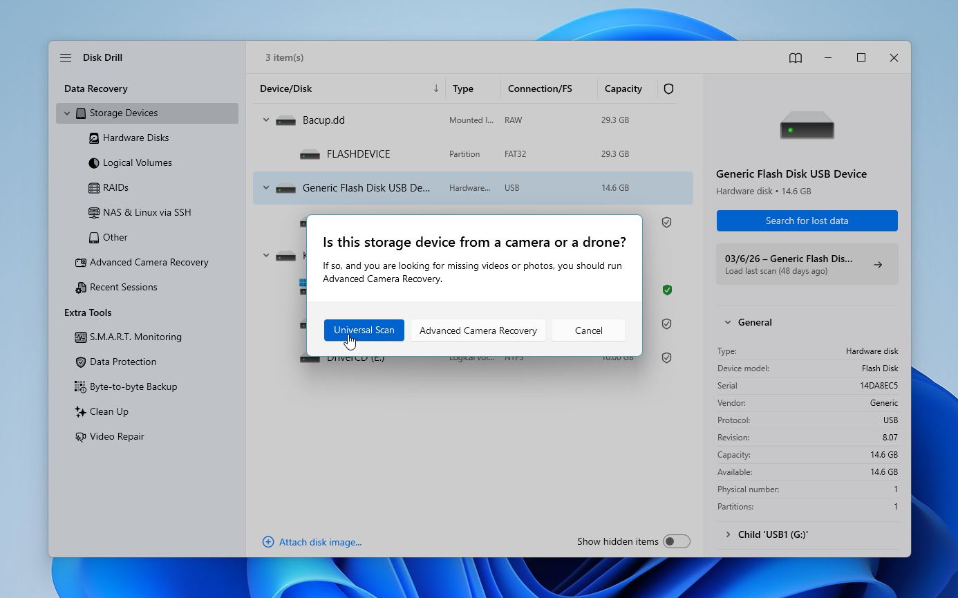 Disk Drill choose scan mode
