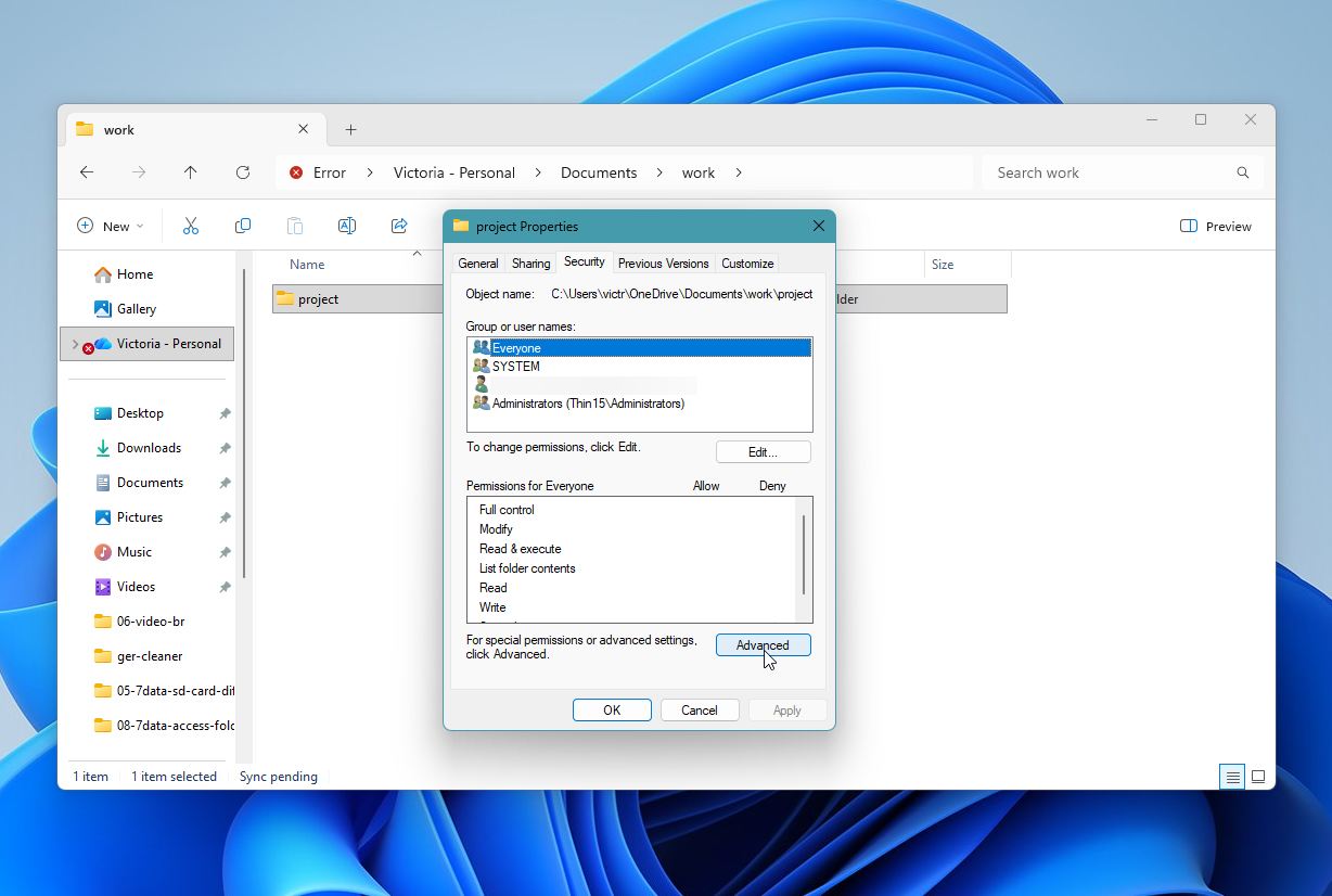 Select Advanced in Security tab