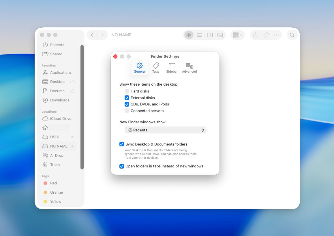 Finder enable external drives in general tab