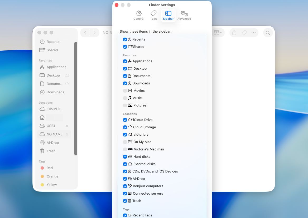Finder enable external disks in a sidebar tab