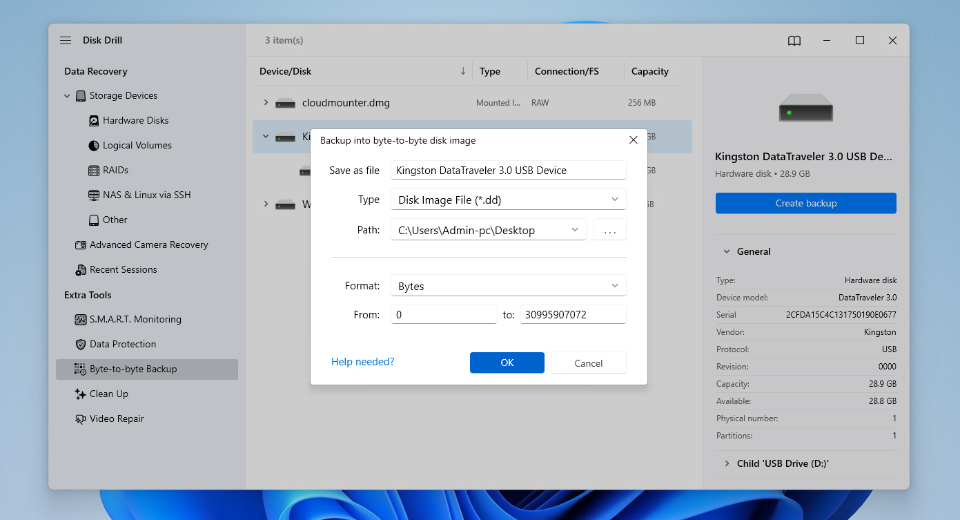 usb image creation settings and storage location 