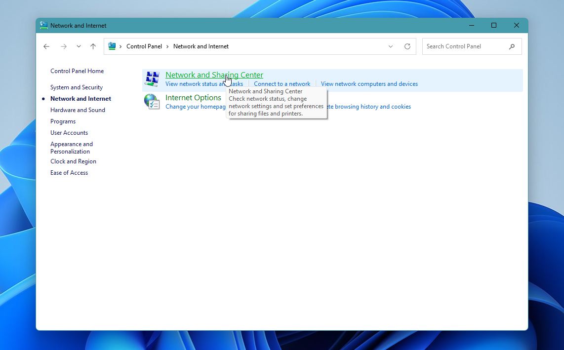 Click on the Network and sharing center