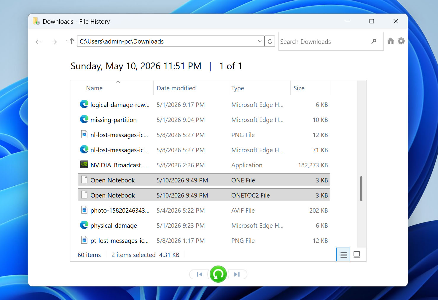 recover onenote from file history