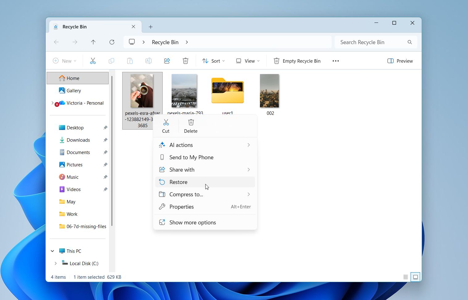 Restore files from Recycle Bin