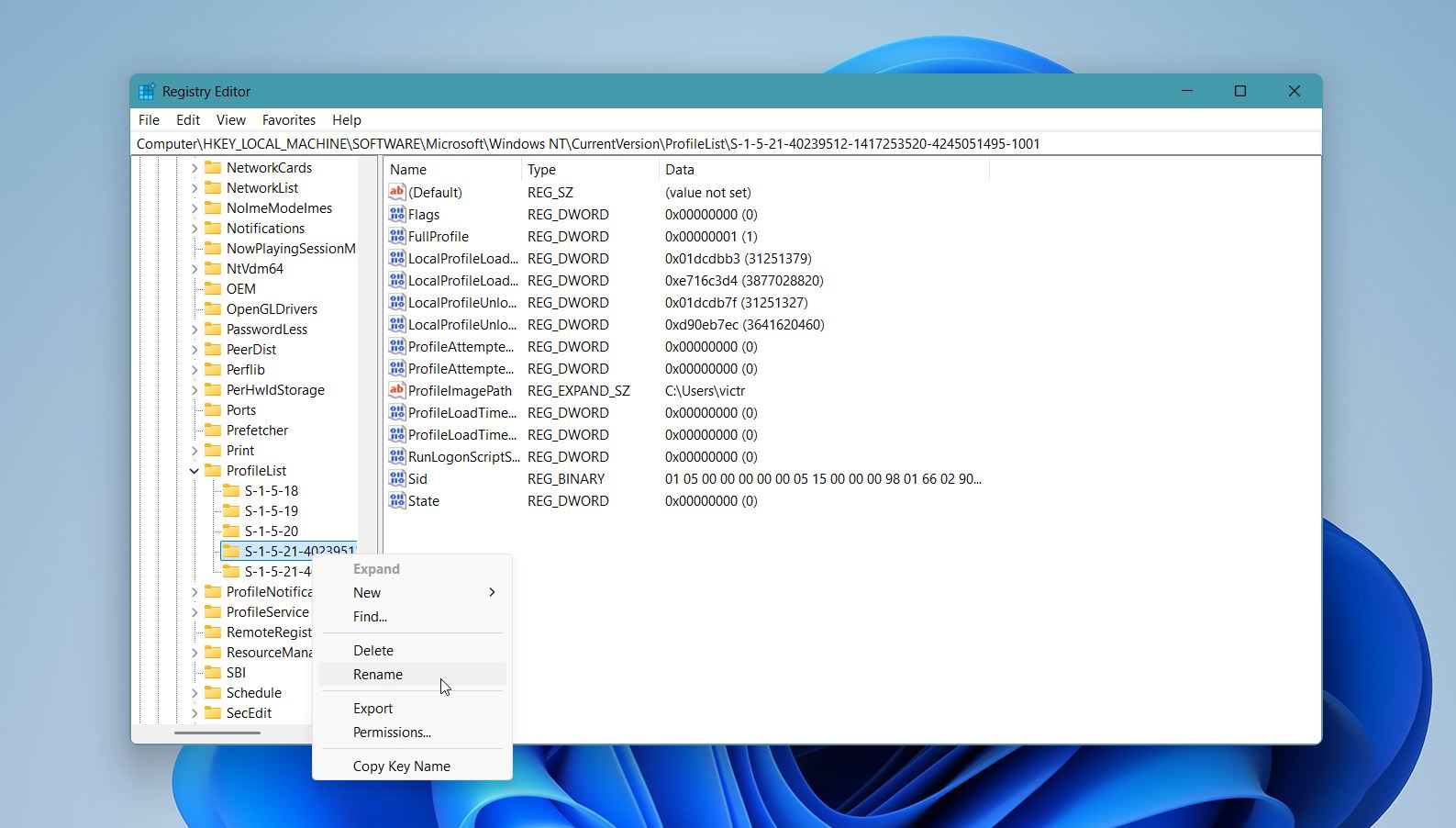 Rename registry entry
