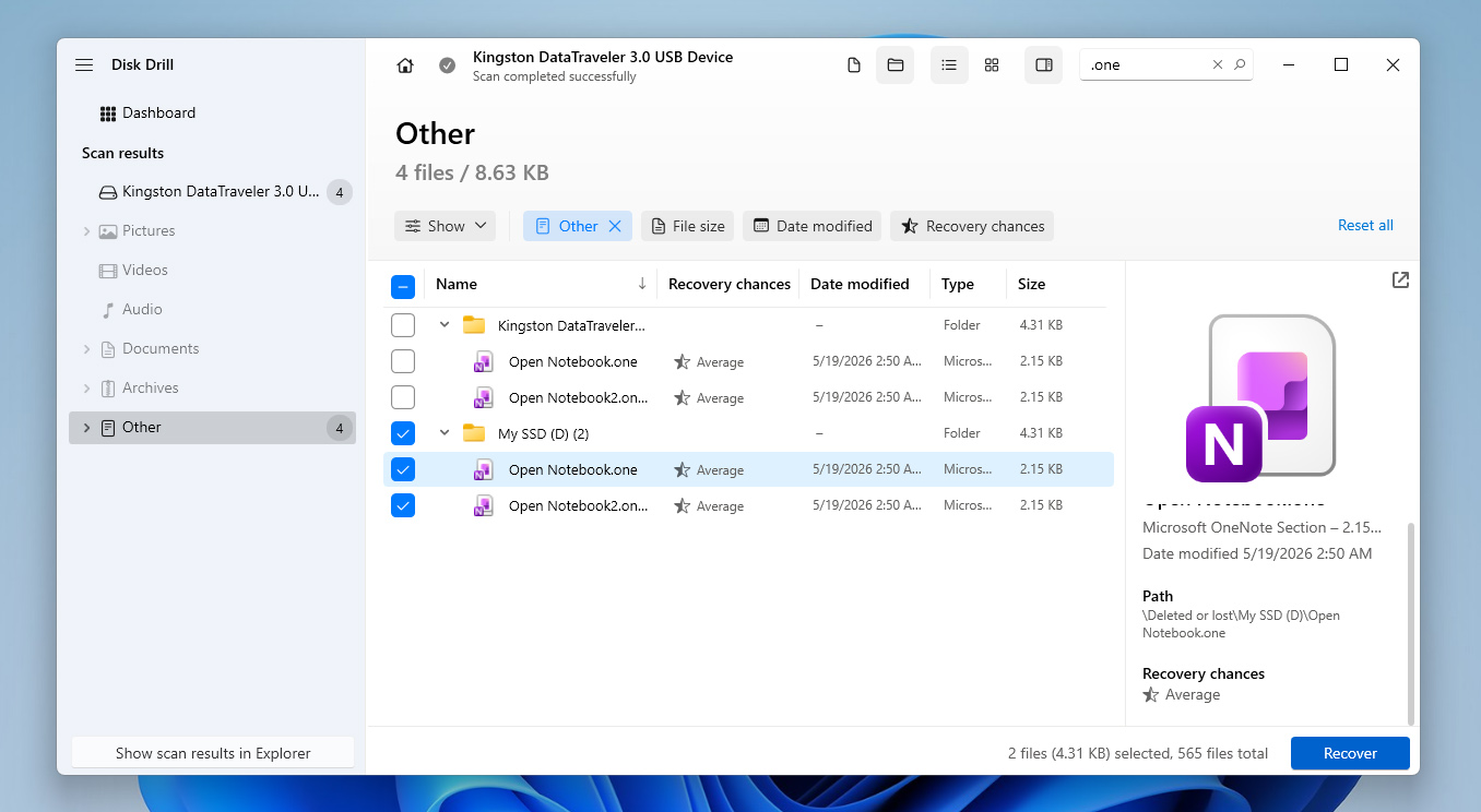 select onenote for recovery