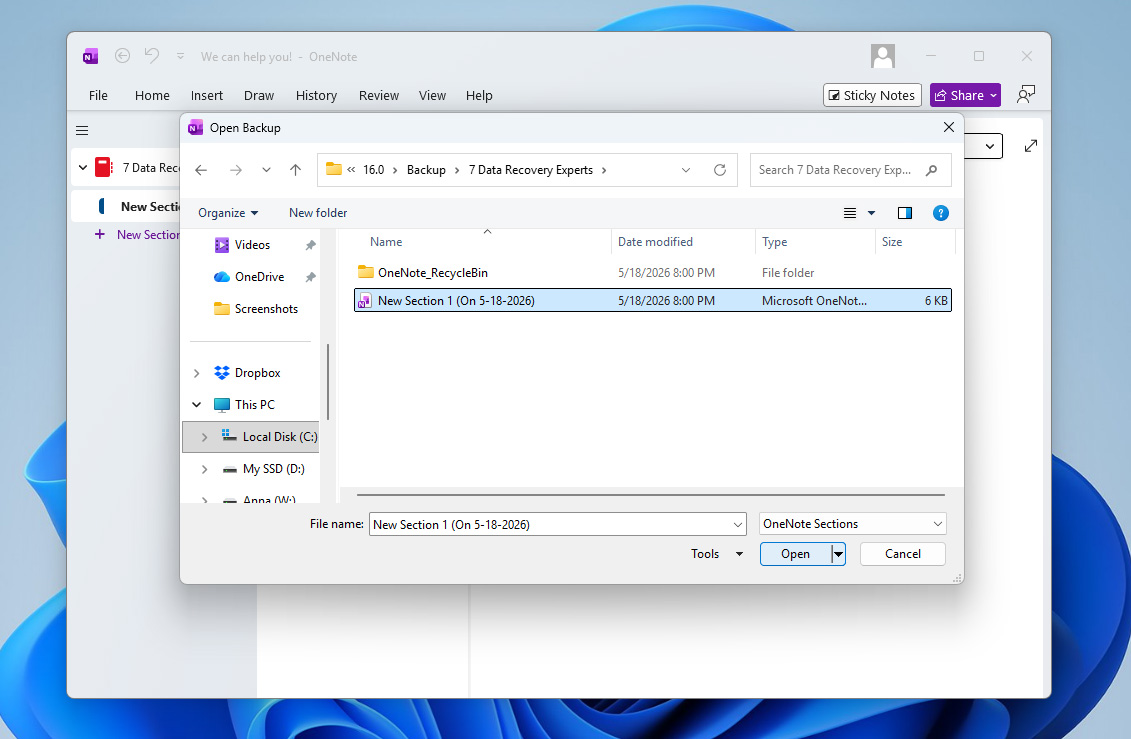 select onenote from backup win