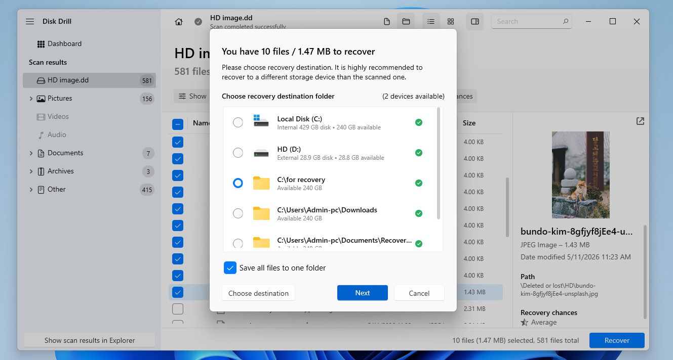 select recovery folder