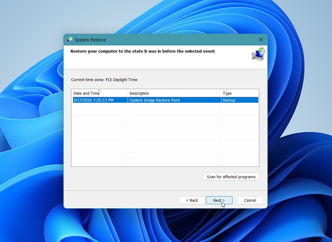 Select a restore point